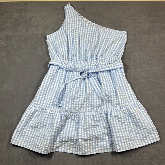 Chloe + Rene Dress 1X Blue Gingham Seersucker One-Shoulder Belted‎ Fit & Flare - Picture 1 of 7